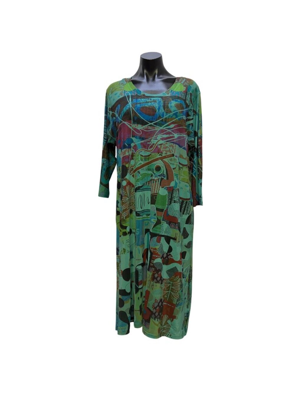 Inoah Teal Multi Abstract Print Long Sleeve Midi Dress L